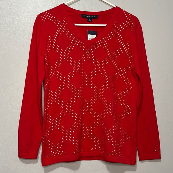 Tommy Hilfiger Sweaters - TOMMY HILFIGER Red Stud Embellished V Neck Sweater